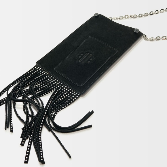 Maje Handbags - Maje Black Leather Fringe Chain Strap Phone Bag
